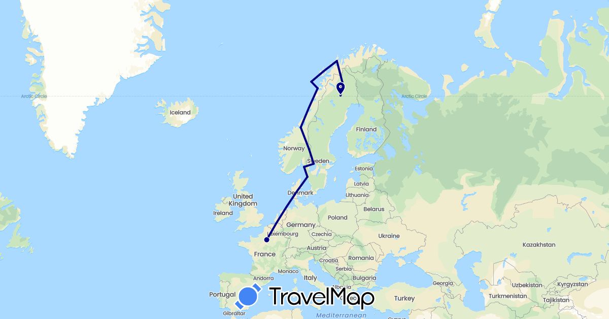 TravelMap itinerary: driving in France, Norway, Sweden (Europe)